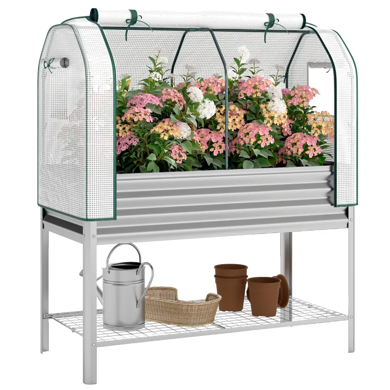 Galvanised Raised Garden Bed with Greenhouse Cover, Metal Elevated Garden Bed with Bed Liner, Bottom Shelf, Silver