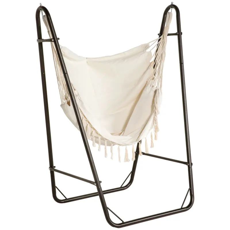 Hammock Chair with U Shape Stand, Hammock Swing Chair with A Side Pocket, Brown & Cream White