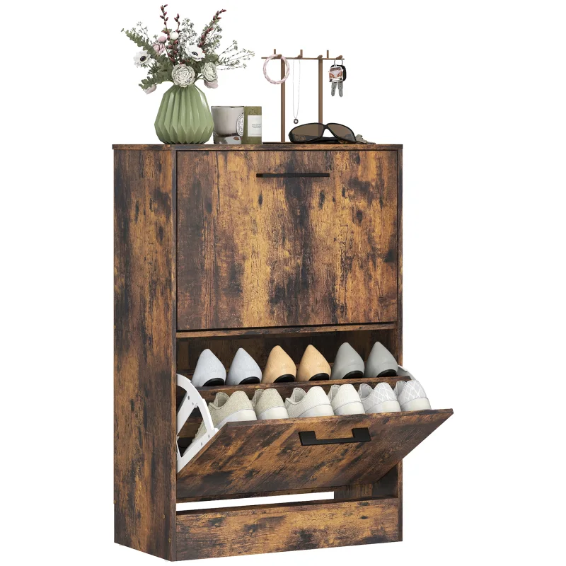 Shoe Cabinet 2 Flip Drawers Narrow Shoe Storage Unit Adjustable Dividers Entryway Hallway Rustic Brown