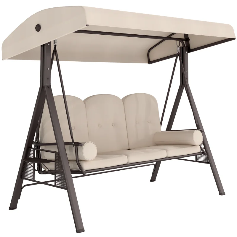 3-Seat Patio Swing Chair, Outdoor Porch Swing Glider with Adjustable Canopy, Removable Cushion, Pillows and Side Trays, for Garden, Poolside, Backyard, Beige