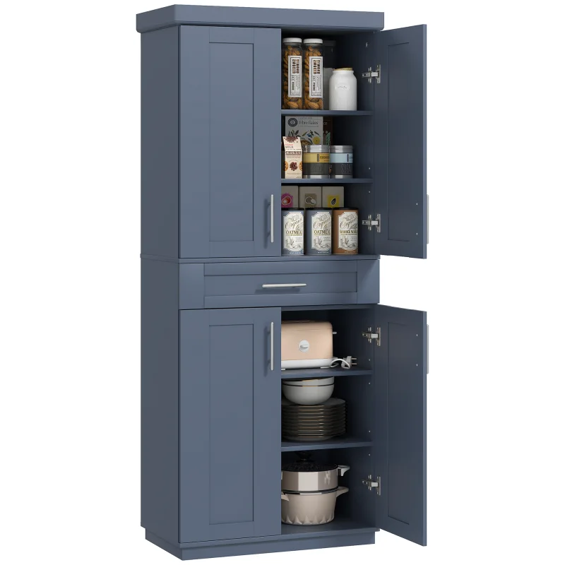 Modern Kitchen Pantry Freestanding Cabinet Cupboard with Doors and Drawer, Adjustable Shelving, Navy Blue