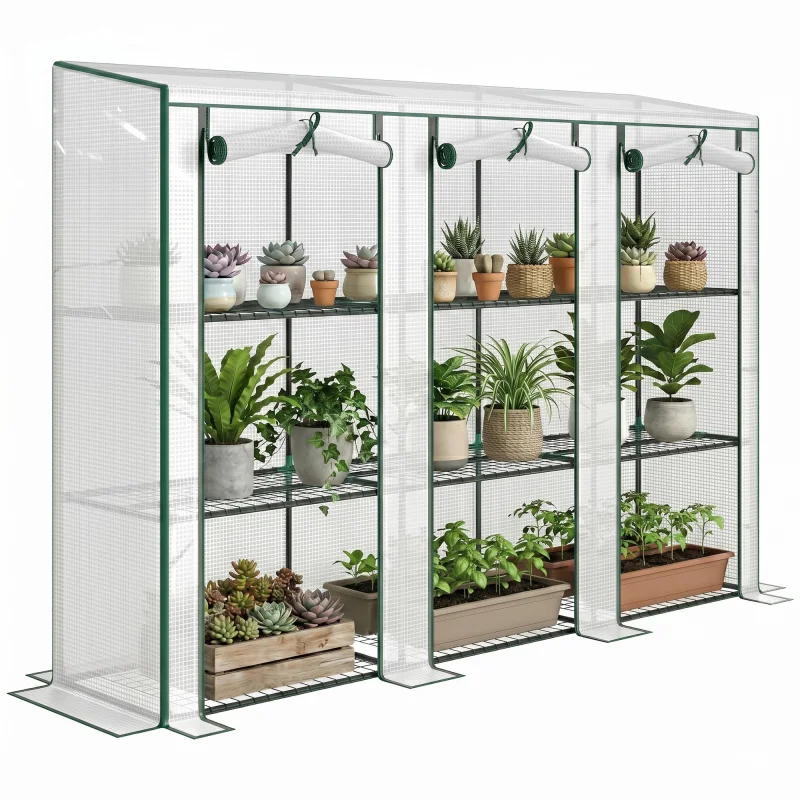 84.6" x 18.1" x 56.7" Lean-to Mini Greenhouse, 3-Tier Shelves, 3 Roll-Up Doors, PE Cover, White