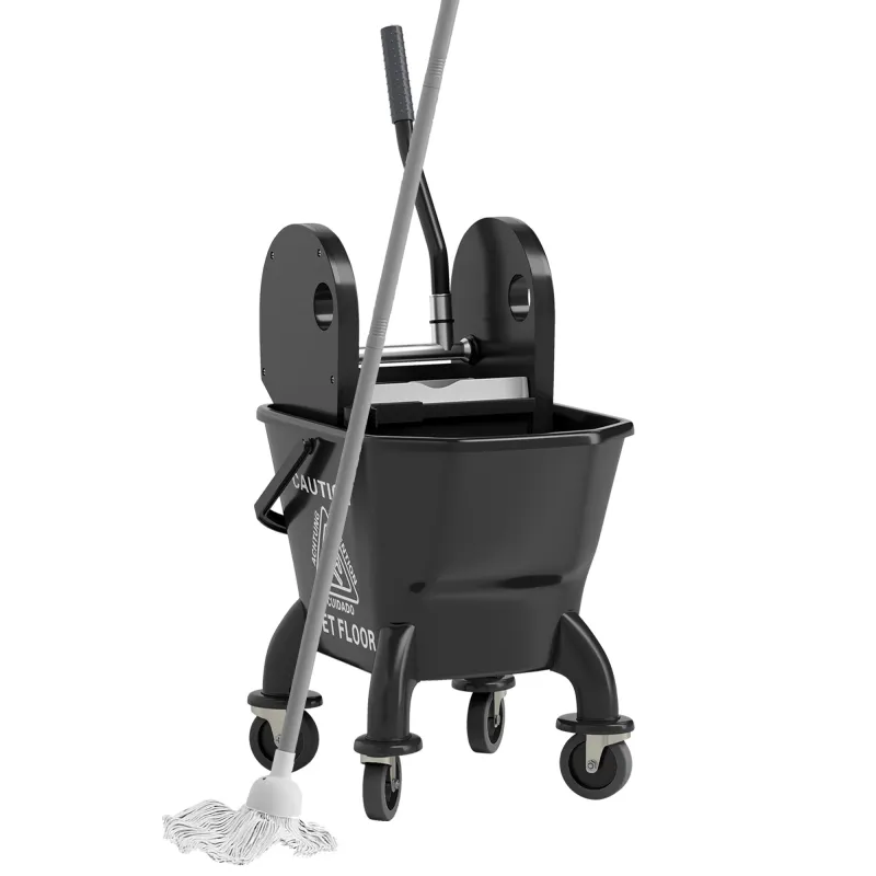 Mop Bucket with Wringer on Wheels for Floor Cleaning, 27.5 Quart Down Press Wringer with Handle and Mop, Black