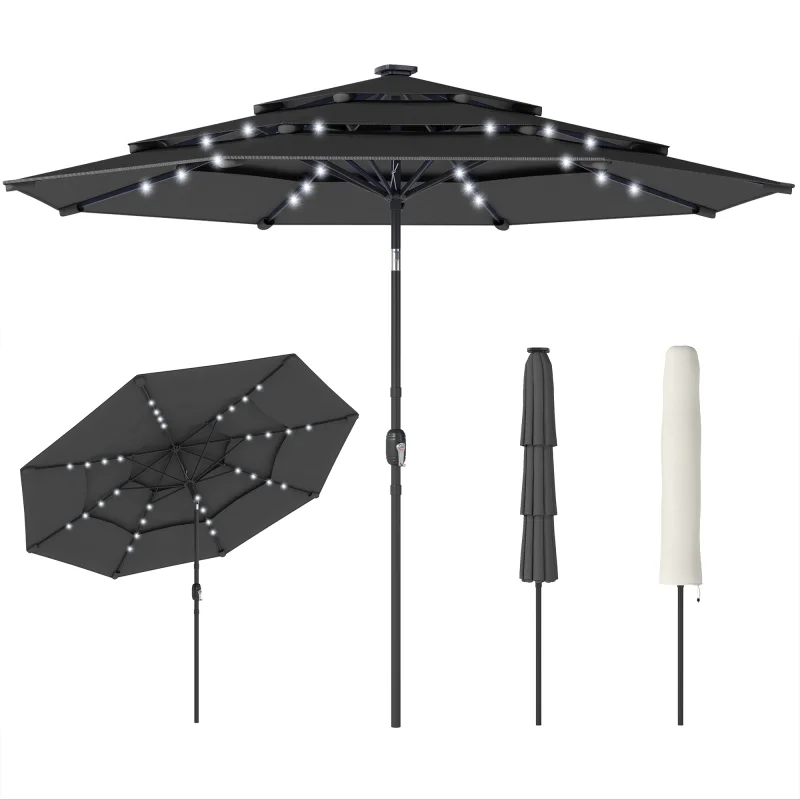 9.7 ft Outdoor Patio Umbrella with Solar LED Lights, 3 Tier Outdoor Table Umbrella with Tilt, Crank, Black