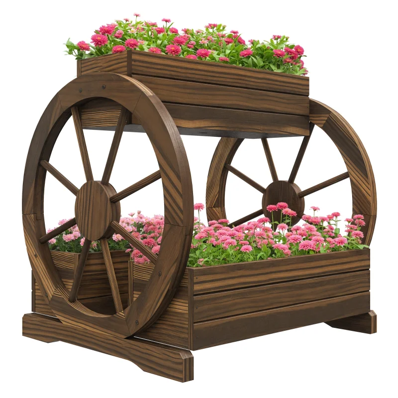 Wooden Wagon Planter Box, 3-Tier Raised Garden Bed, for Vegetables Flowers Herbs, 25" x 21" x 24"