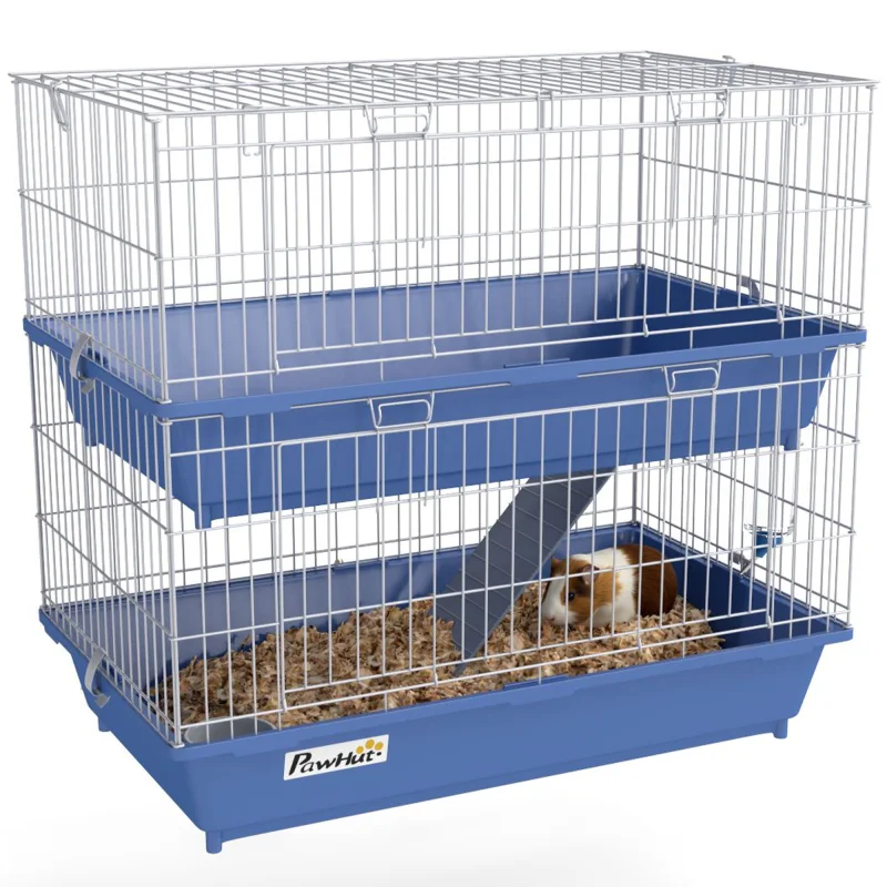 2-Tier Guinea Pig Cage, Ferret Cage, Chinchilla Cage, Small Animal Cage Indoor with Dish and Bottle, 2 Doors, Blue