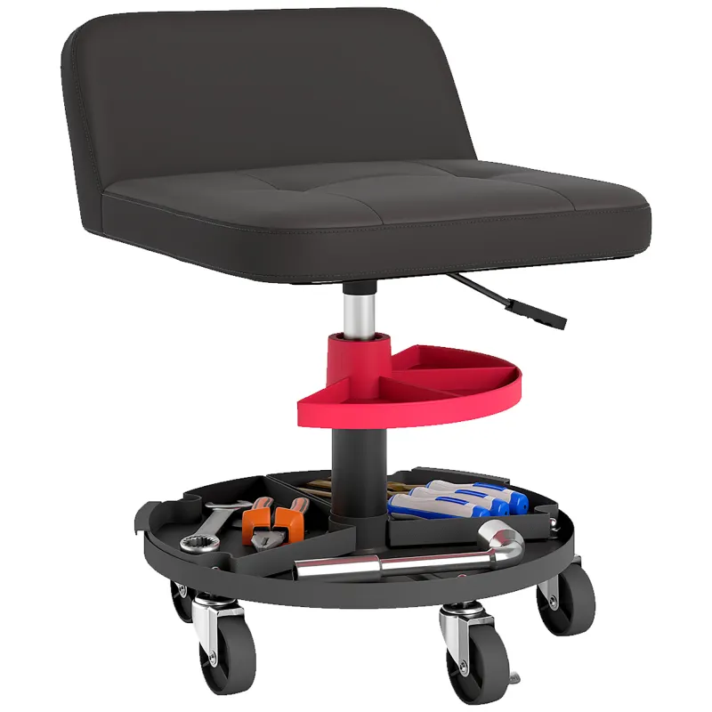 Rolling Creeper Garage Stool, 300 LBS Capacity Mechanic Stool with 360° Wheels, Tool Tray, Adjustable Height, Black