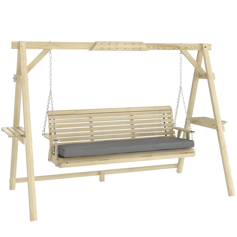 3 Seat Wooden Porch Swing with Stand, Patio Swing with Cushion, for Garden, Poolside, Backyard, Natural Wood