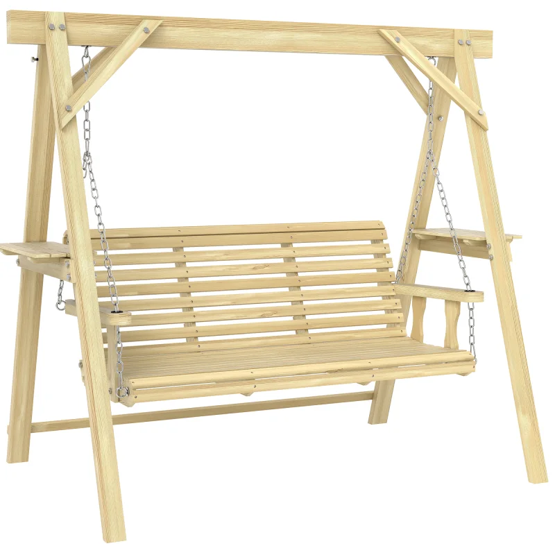 3 Seat Wooden Porch Swing with Stand, Patio Swing with Side Tables, for Garden, Poolside, Backyard, Natural Wood