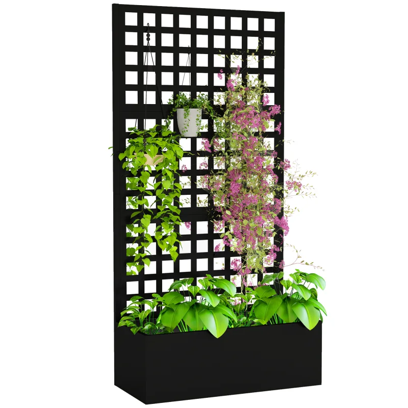 Galvanized Raised Garden Bed Planter Box with Trellis for Climbing Plants, Vegetable, Vines, 35" x 16" x 70", Black