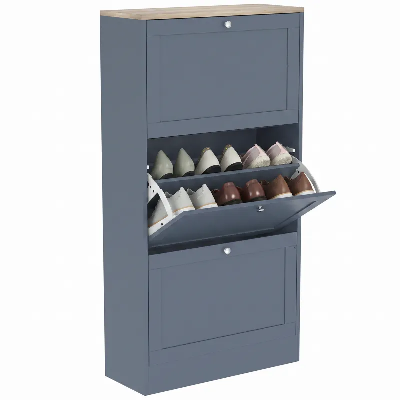 Modern Shoe Storage Cabinet with 3 Flip Drawers and Adjustable Shelves for 12-18 Pairs of Shoes, Blue