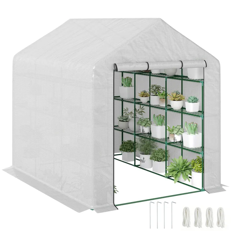 Outdoor Walk-in Greenhouse with Roll-up Zipper Door, 18 Shelves, PE Cover, 95.25" x 70.75" x 82.75", White