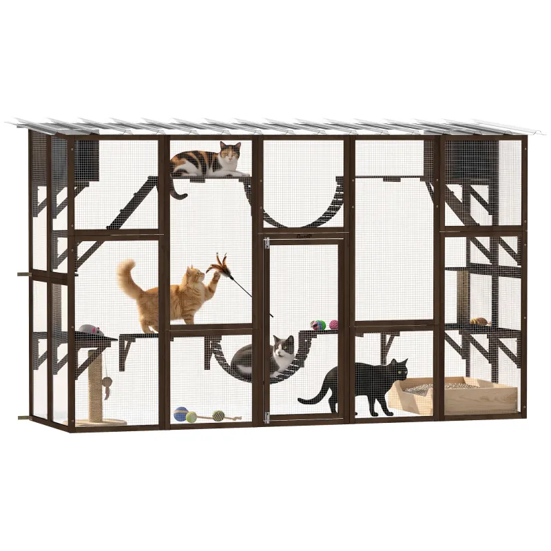 Catio Playground Cat Window Box Outside Enclosure for Multiple Cats w/ Shelves & Bridges, Coffee Brown
