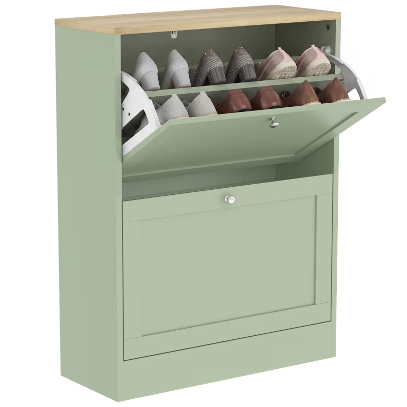 Slim Shoe Storage Cabinet, Modern Shoe Cabinet with 2 Flip Drawers and Adjustable Shelves for 8-12 Pairs, Green