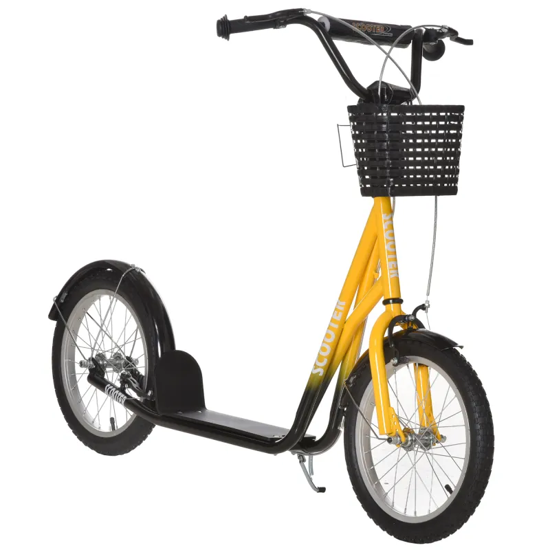 Youth Scooter, Kick Scooter with Adjustable Handlebars, Double Brakes, 16" Inflatable Rubber Tires, Basket, Orange