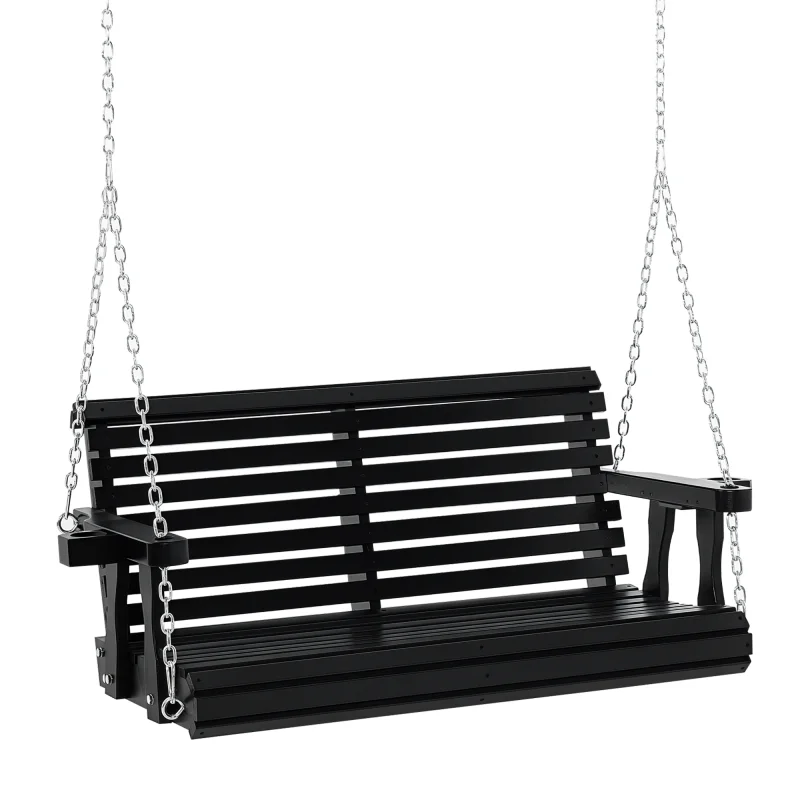 Porch Swing with Chains and Cupholders, 2 Person Wooden Patio Swing Chair, 440 lbs. Weight Capacity, for Garden, Poolside, Backyard, Black