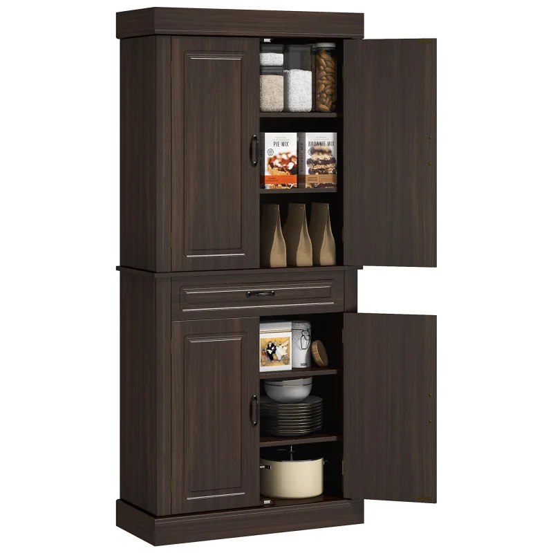 71" Freestanding Kitchen Pantry with 4 Doors and 2 Large Cabinets, Tall Storage Cabinet with Drawer, Coffee