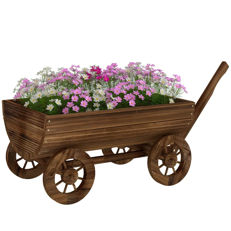 Wooden Wagon Planter Box, Mobile Garden Planter with 4 Wheels, Small Wheelbarrow Wagon Flower Cart with Drainage Hole