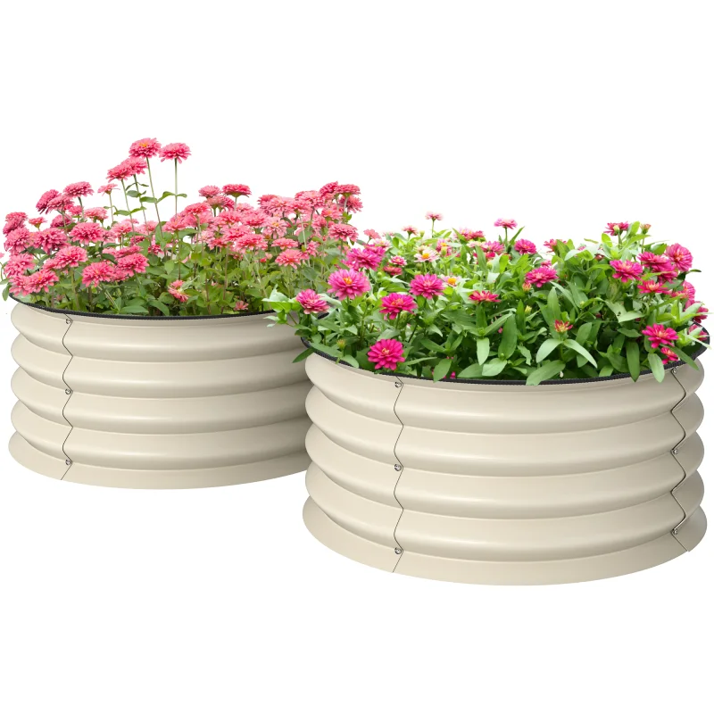 Set of 2 Raised Garden Bed, Metal Planter Box with Safety Edging, Easy-to-assemble Stock Tank, Cream