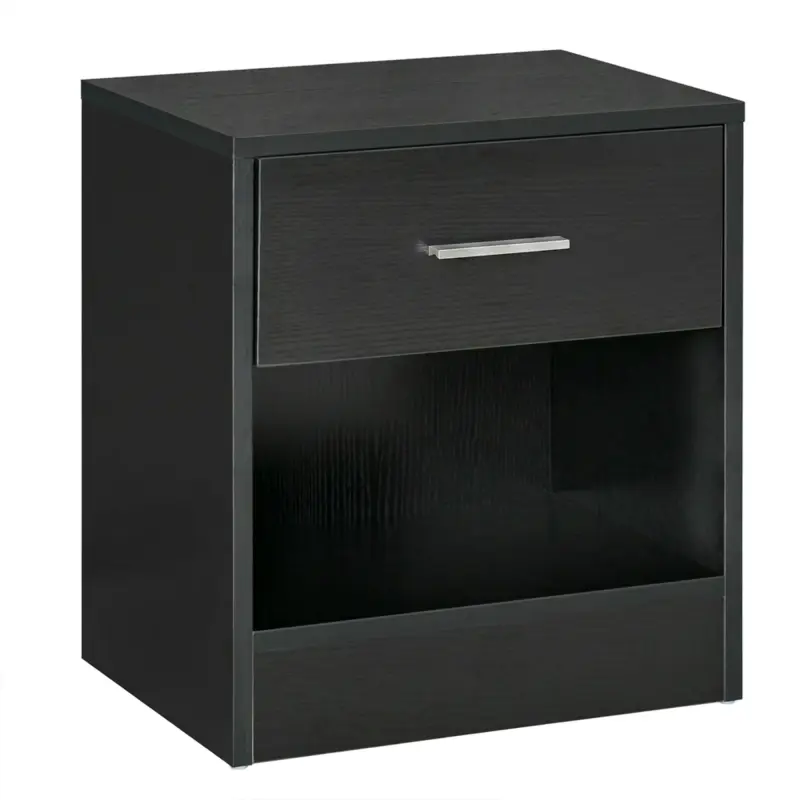 Modern Side Table with Drawer and Storage Shelf, End Table for Living Room, Black Wood Grain