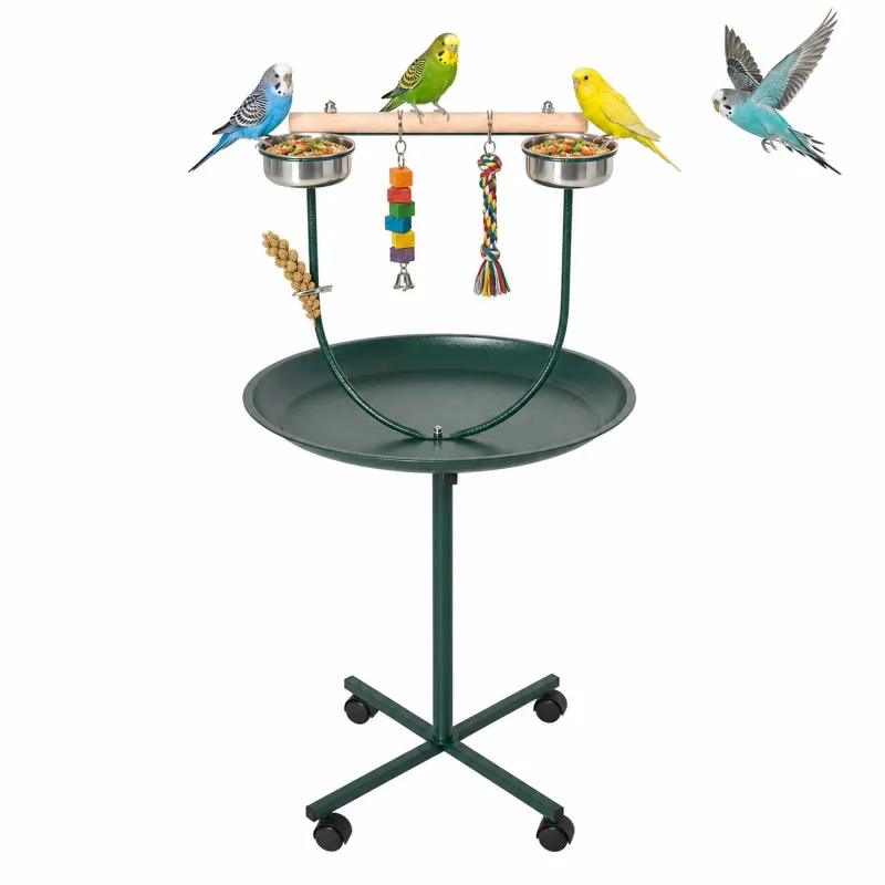 48" Rolling T-Stand, Parrot Stand, Bird Training Activity Playground With Wheels and Perch,, Bird Play Perch, Green