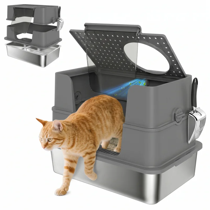 XL Stainless Steel Litter Box w/ 100° Flip Top, Scoop, Top & Side Entry Enclosed Litter Box for Big Cats