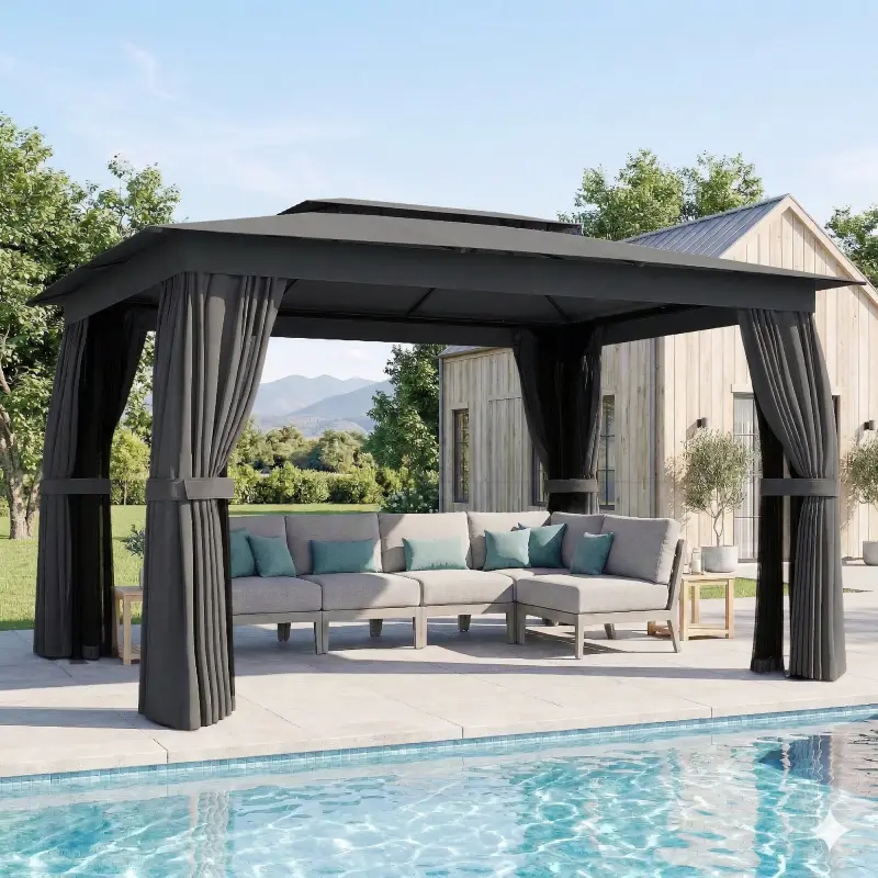 10' x 12' Outdoor Patio Gazebo, Soft Top Gazebo Canopy Shelter with Curtains, Netting, Steel Frame, Hooks, Dark Gray