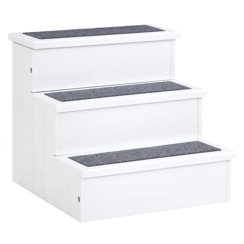 3 Step Wooden Carpeted Non Slip Pet Stairs Ramp for Cats and Small Dogs - White