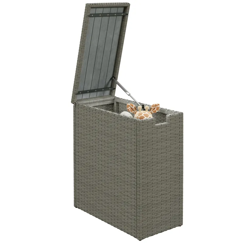 17-Gallon Small Deck Box, Wicker Outdoor Storage Box with Acacia Wood Top for Patio Cushions and Garden Tools, Gray