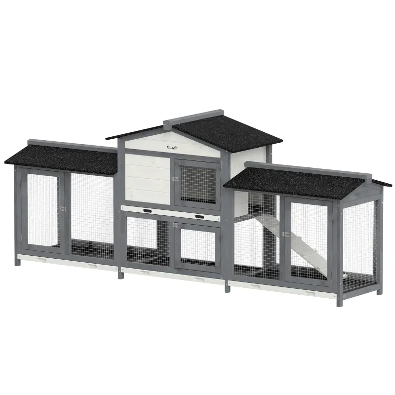 90.5" Wooden Rabbit Hutch Bunny Cage Pet Playpen House Enclosure with Double Side Run Boxes, No Leak Tray, Light Gray