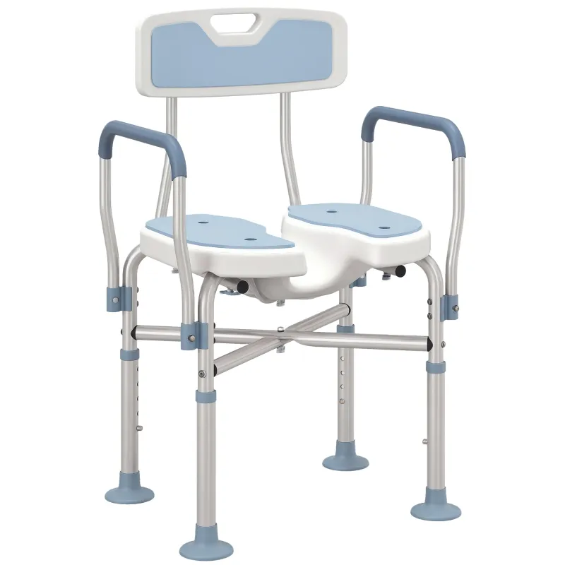Bath Seat with Adjustable Height, Anti-slip, HDPE Padded Shower Chair with Arms and Back, Light Blue