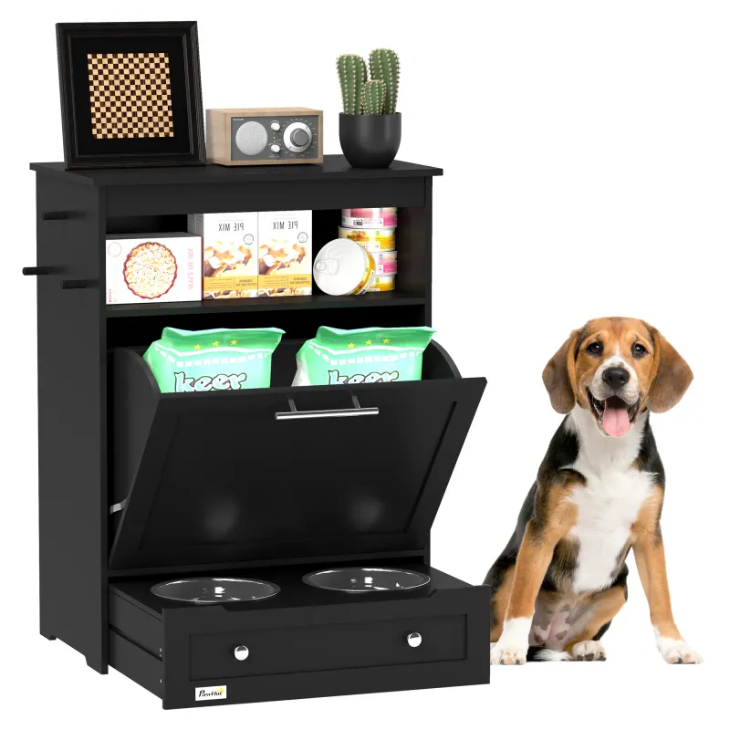 Pet Feeder Station Storage Cabinet, Dog Food Storage Container with Dog Raised Bowls, Watering Supplies, Black