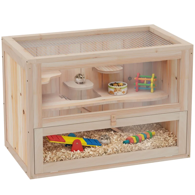 2-Level Hamster Cage Mice and Rat House, Small Animal Habitat for Guinea Pigs, Chinchillas with Openable Top, Front Door, Shelf and Ladder, Natural