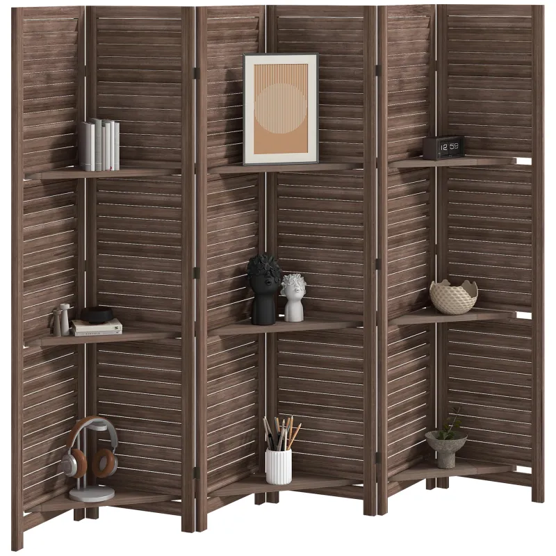 6 Panel 67" Tall Wood Privacy Screen Room Divider with 3 Shelves and Folding Storage for Bedroom, Walnut