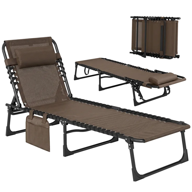 Folding Chaise Lounge Chair Outdoor, Sun Tanning Chair with Side Pocket, Carrying Strap, Brown