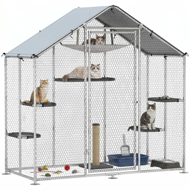 Large Catio Outdoor Cat Enclosure with Waterproof Cover, Walk-in Cat Patio w/ 5 Adjustable Platforms & Hammock