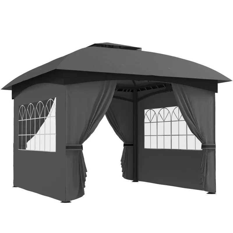 11' x 11' Outdoor Gazebo, Double Roof Patio Gazebo with Curtains, Church Windows, Galvanized Steel Frame, Dark Gray