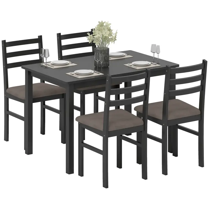 5-Piece Small Kitchen Table Set for 4, Farmhouse Dining Table Set with Upholstered Chairs and Rubber Wood Legs, Black