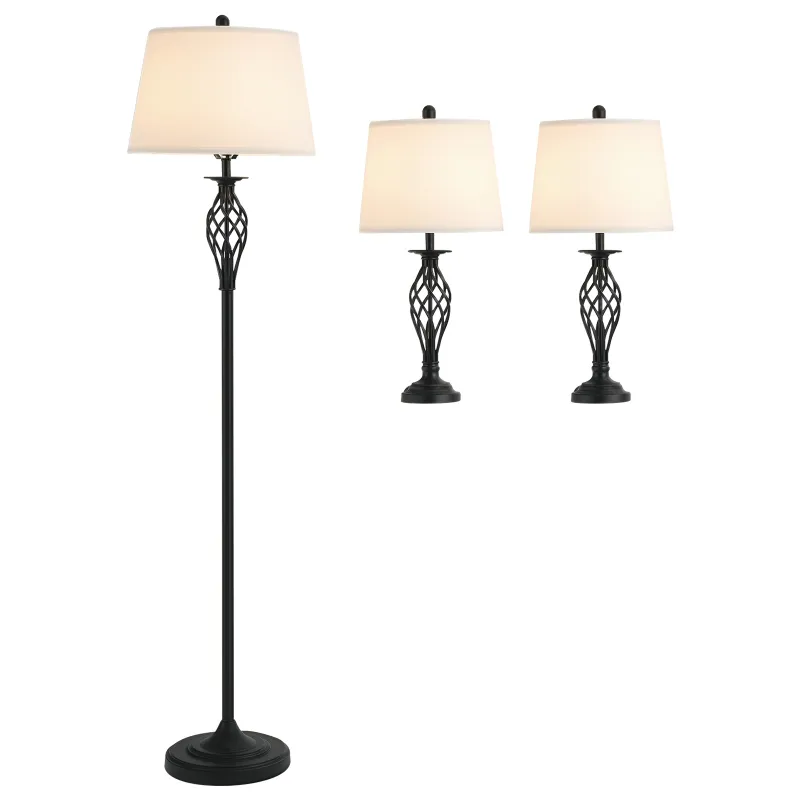 3 Piece Table Floor Lamp Set with Metal Pole, Round Base, and Fabric Lampshade, for Living Room, Black/White