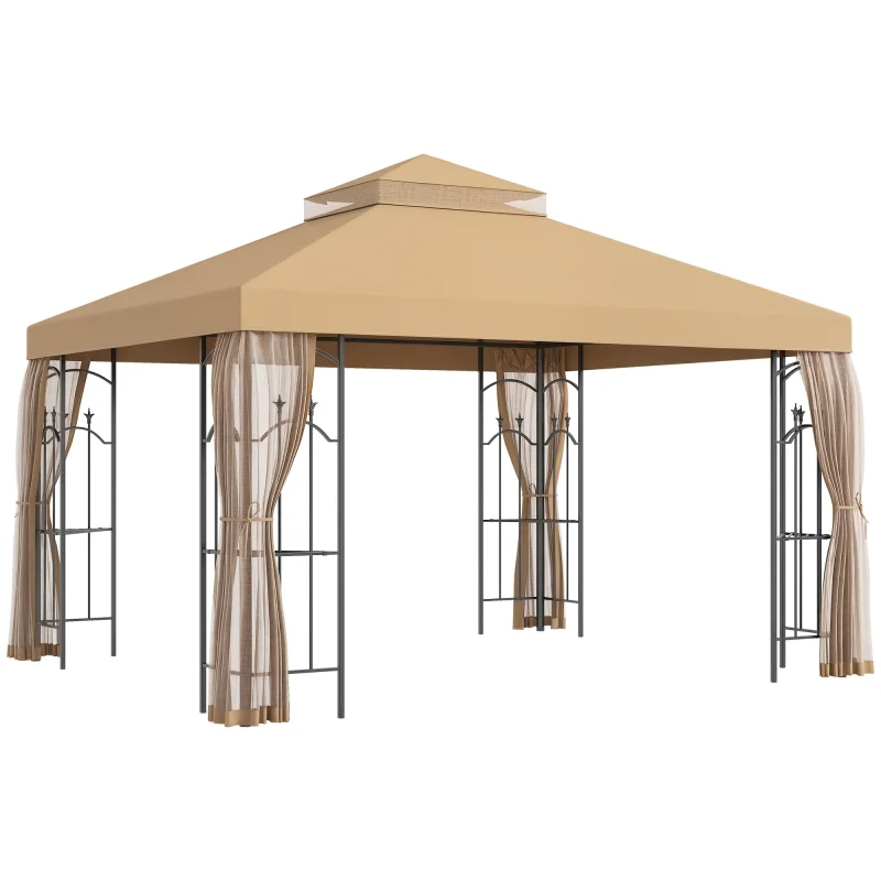 10' x 12' Patio Gazebo with Corner Frame Shelves, Double Roof Outdoor Gazebo Canopy Shelter with Netting, Brown