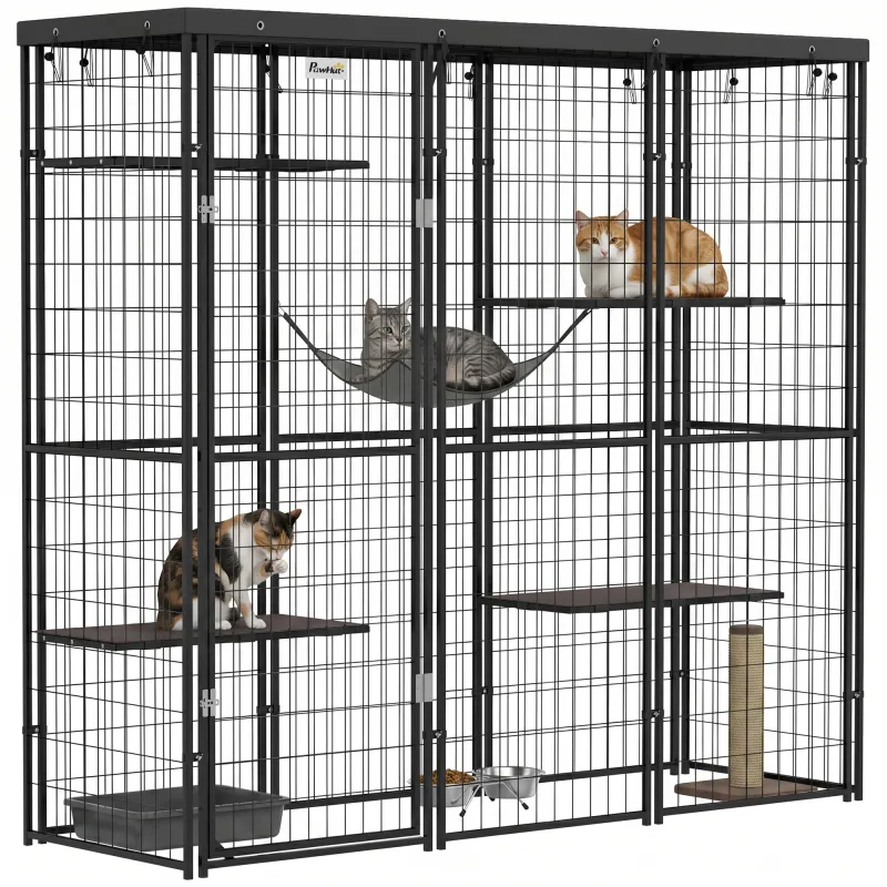 Weld Wire Catio Outdoor Indoor with Waterproof Cover, 4 Jumping Platforms, Hammock, for 1-3 Kittens, 69" x 22" x 62"