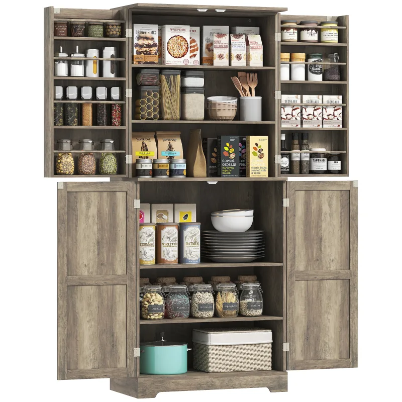 Farmhouse Kitchen Pantry, 72" Tall Pantry Cabinet with 4 Barn Doors, 4 Adjustable Shelves and 8 Door Shelves, Gray Wash