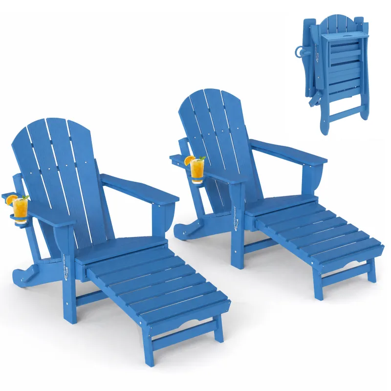 Folding Adirondack Chair Set of 2, HDPE Fire Pit Chair with Retractable Ottoman and Cup Holder, Blue