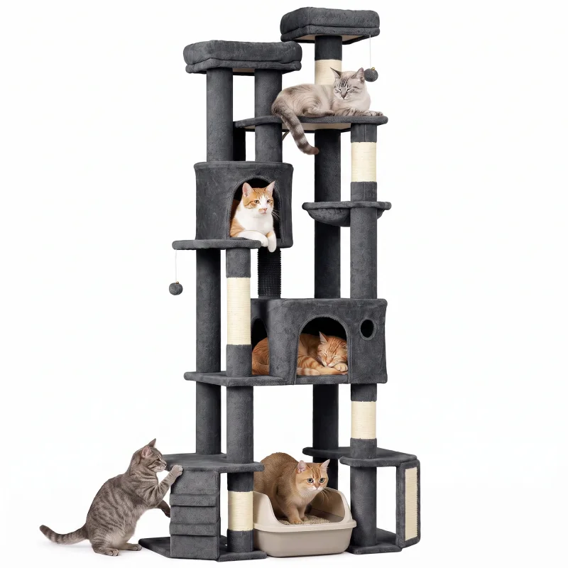 79" Extra Large Cat Tree Tower with Dual Baseboard for Large Adult Big Cats, Dark Gray