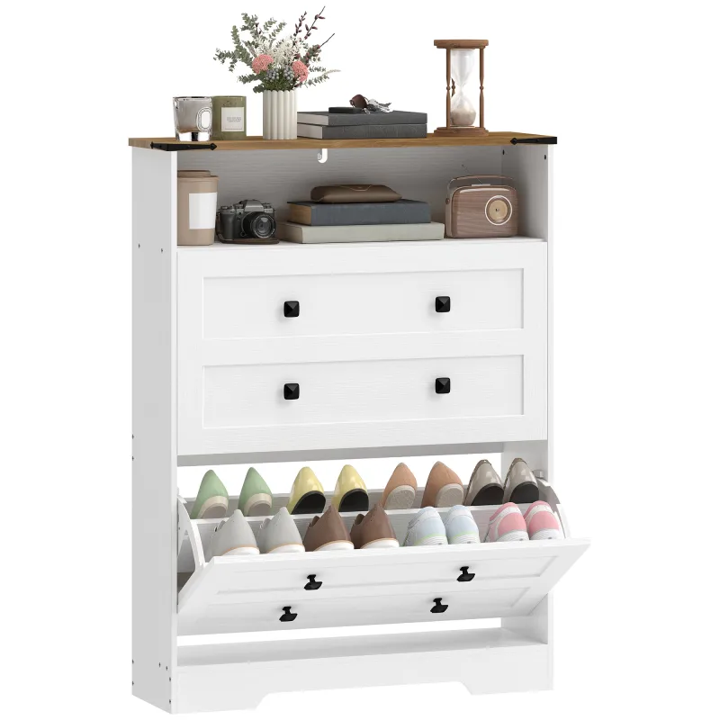 Shoe Cabinet with 2 Flip Drawers, Narrow Shoe Storage Cabinet, White