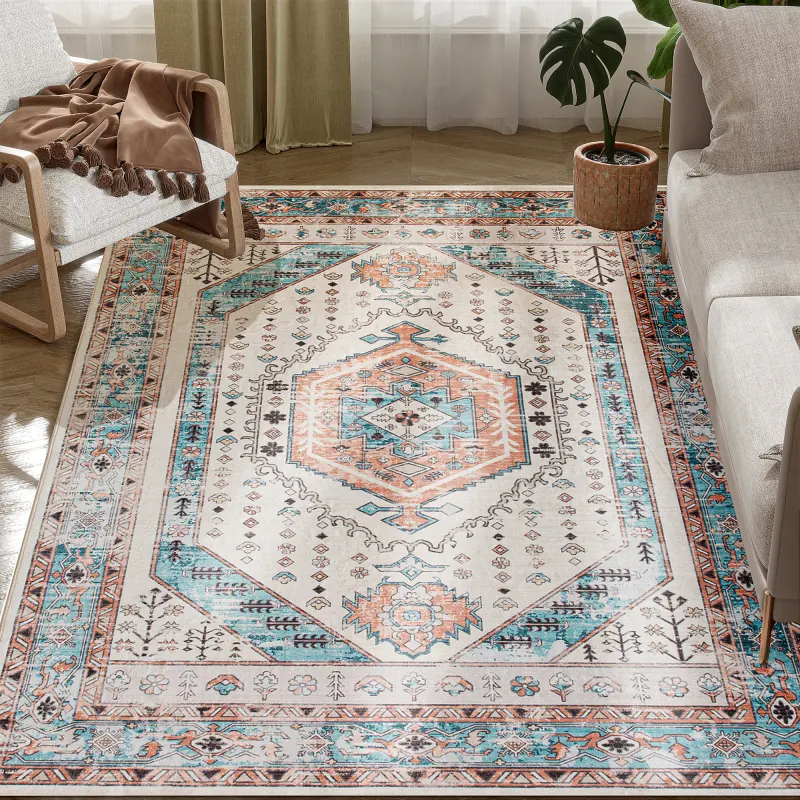 4x6 Area Rug, Vintage Machine Washable Rug, Non-Slip Floor Carpet for Living Room, Bedroom, Dining Room, Brown and Blue