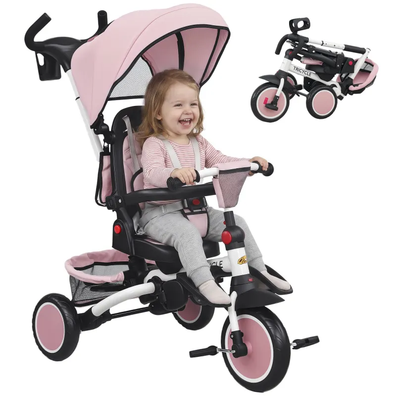 6 in 1 Kids Tricycle with Adjustable Push Handle, Removable Canopy, Reversible Seat, for 1-5 Years, Pink