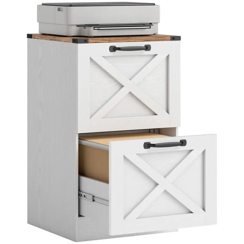 Vertical Storage Drawers Farmhouse X Pattern Printer Stand Fits Letter Files 2 Drawers White