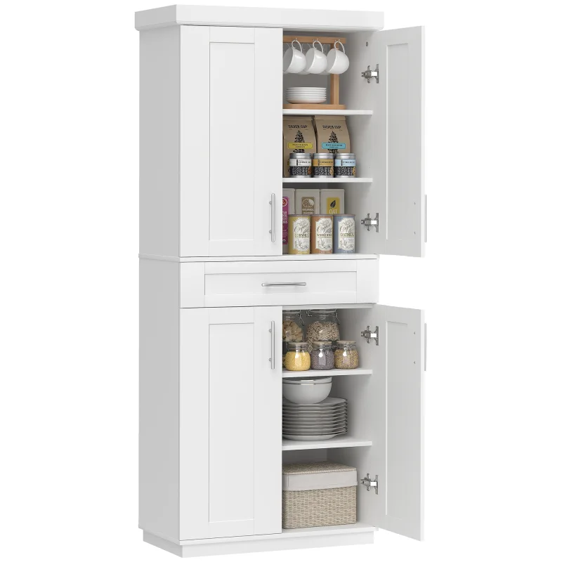 Modern Kitchen Pantry Freestanding Cabinet Cupboard with Doors and Drawer, Adjustable Shelving, White