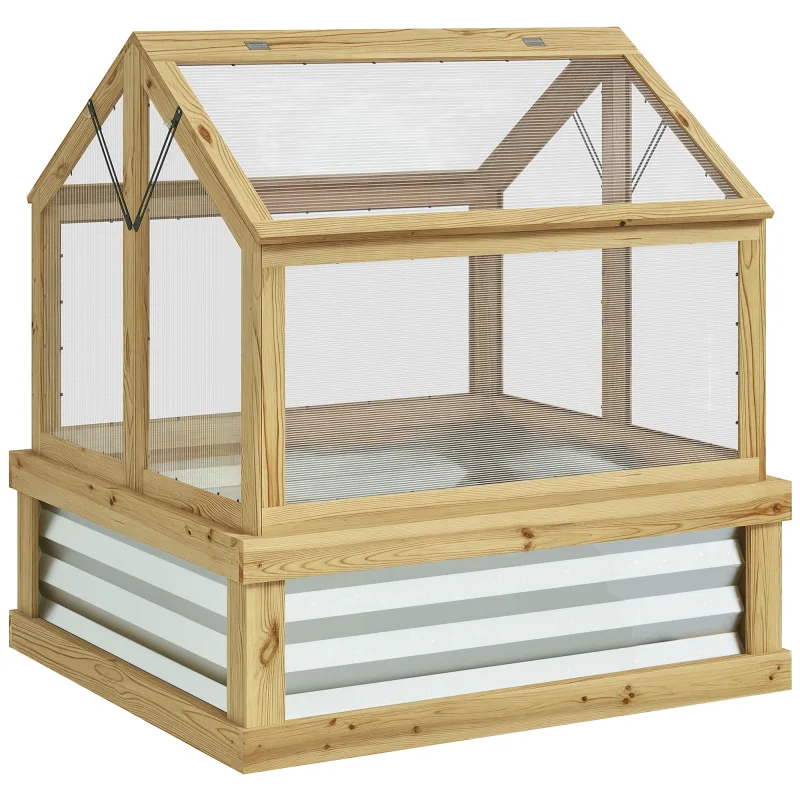 Raised Garden Flower Bed Kit with Greenhouse, Wooden Cold Frame Planter, 35.5" x 31.5" x 36", Natural